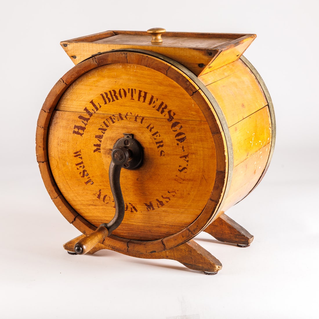 PRIMITIVE BARREL-STYLE BUTTER CHURN BY HALL BROTHERS. (1 of 9)