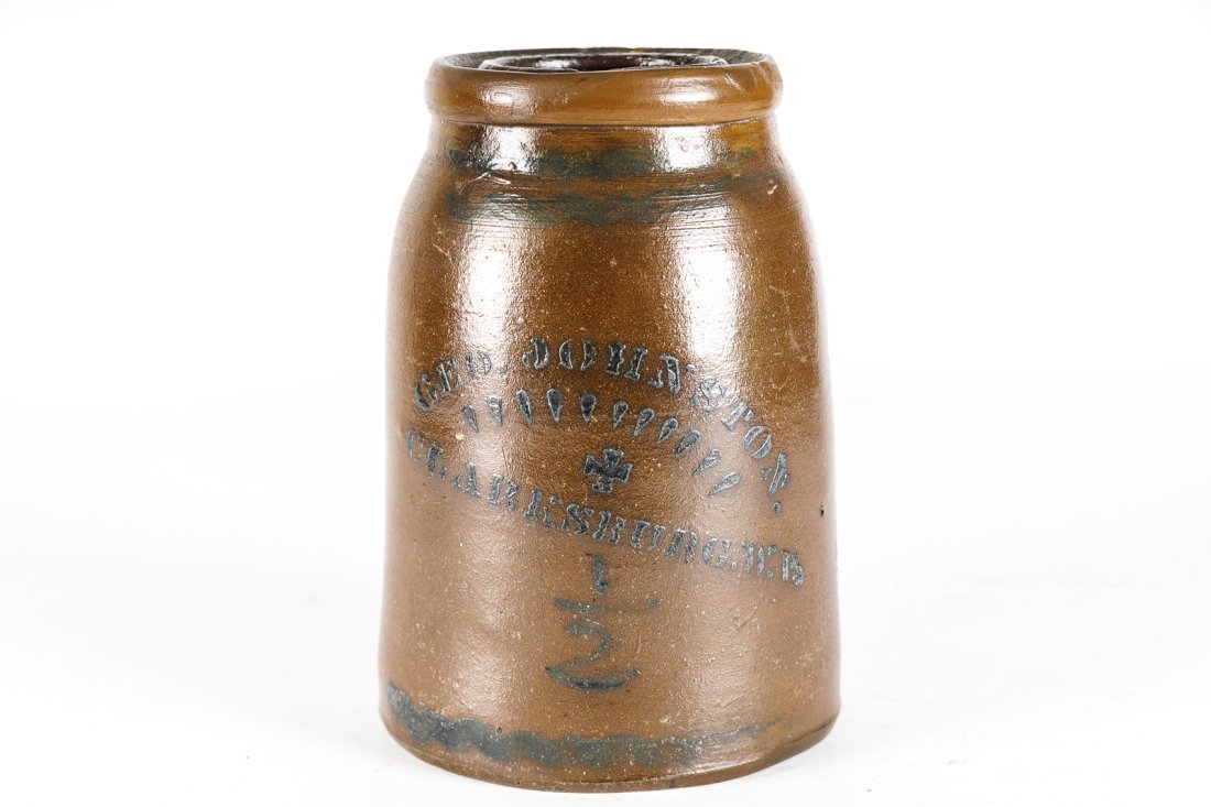 SMALL STONEWARE CANNING JAR WITH COBALT DECORATION. (1 of 6)