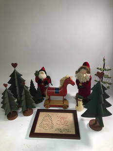 LARGE GROUP OF HANDMADE AND COUNTRY CHRISTMAS DECORATIONS.: LARGE GROUP OF HANDMADE AND COUNTRY CHRISTMAS DECORATIONS. American, 20th & 21st Century. Wood, textile, and found objects. Two stuffed Santa Claus (Father Christmas or St. Nicholas) figures, a pull