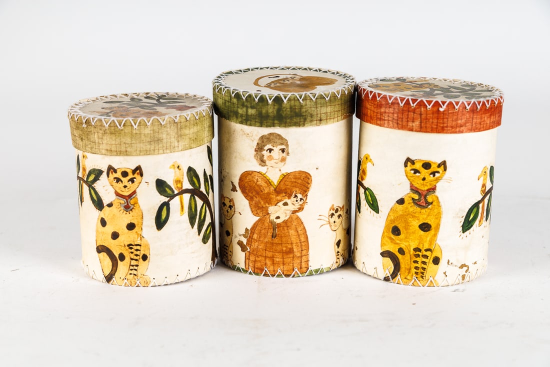 THREE CONTEMPORARY FOLK ART COVERED BOXES BY ARLENE WHITE. (1 of 7)
