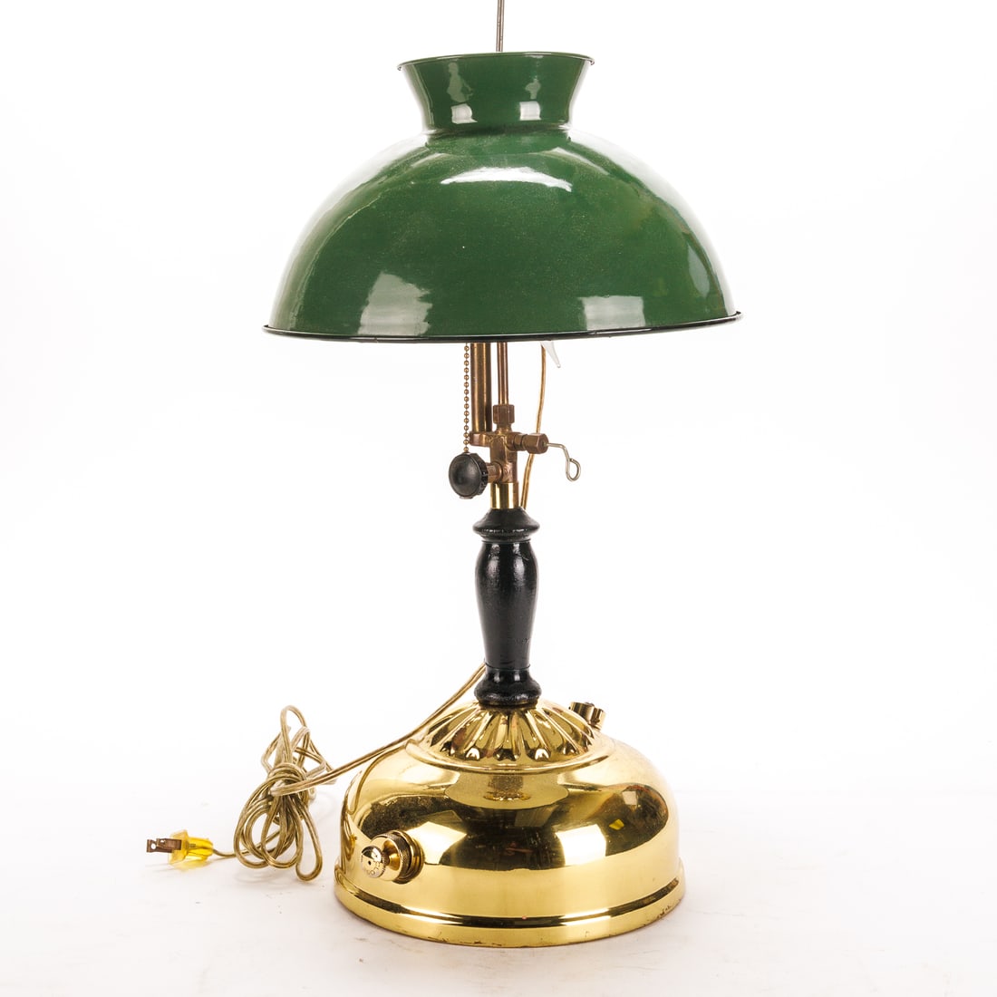 BRASS REPRODUCTION STUDENT LAMP WITH METAL SHADE. (1 of 9)