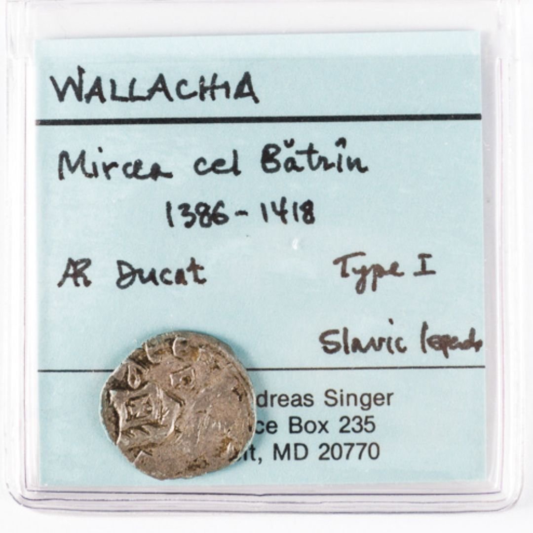 WORLD COINS AND CURRENCY: MEDIEVAL SILVER COIN.: WORLD COINS AND CURRENCY: MEDIEVAL SILVER COIN. Romanian (Wallachia), 14th Century. Mircea cel Batrin, also known as Mircea the Elder (1384-1418). Silver ducat.