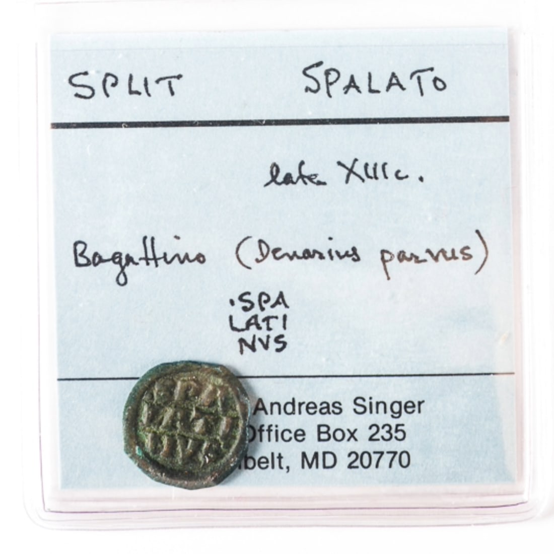 VENETIAN PERIOD SILVER COIN.: Croatian (Spalato), late 13th Century. The Republic Of Venice circa (1275-1357). BI Baggatino. Dinaric Fortress. Denarius parvus.Ex Dr. Gordon Andrew "Andy" Singer, Greenbelt, MD. WORLD COINS AND CURR