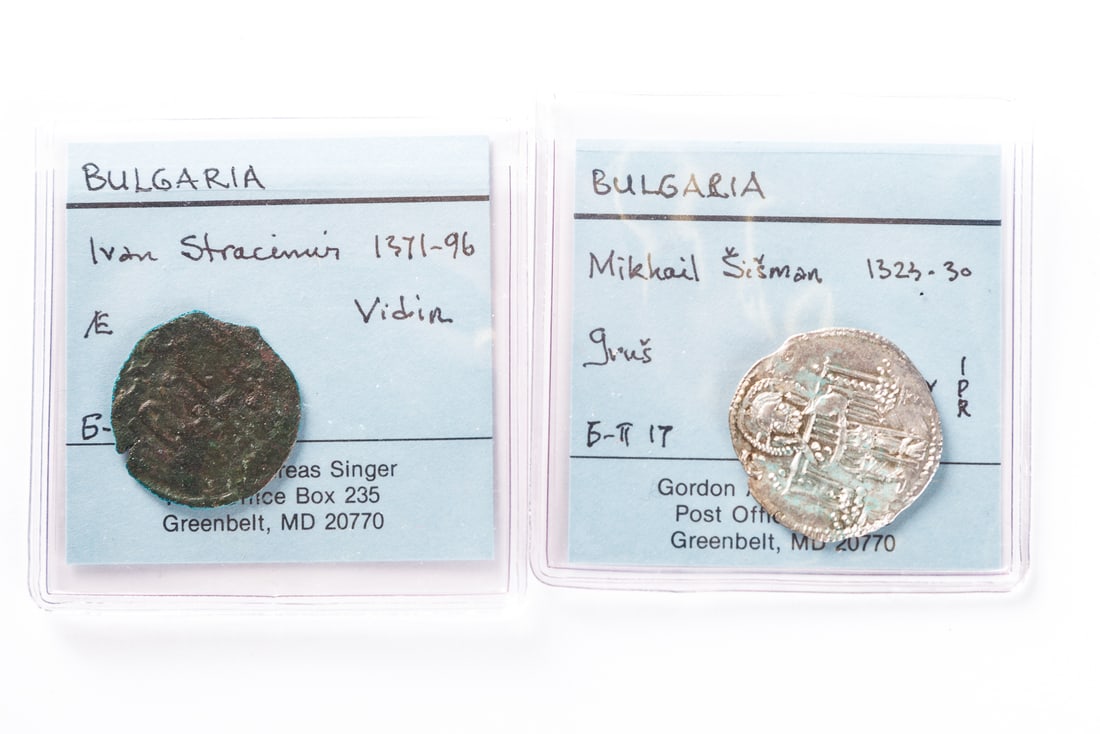 WORLD COINS AND CURRENCY: GROUP OF MEDIEVAL COINS.: Bulgarian, 14th Century. One Michael Asen III (Michael Shishman) (1323-1330) gros. One Ivan Stratsimir (1371-1396) copper gros, Vidin kingdom.Ex Dr. Gordon Andrew "Andy" Singer, Greenbelt, MD.