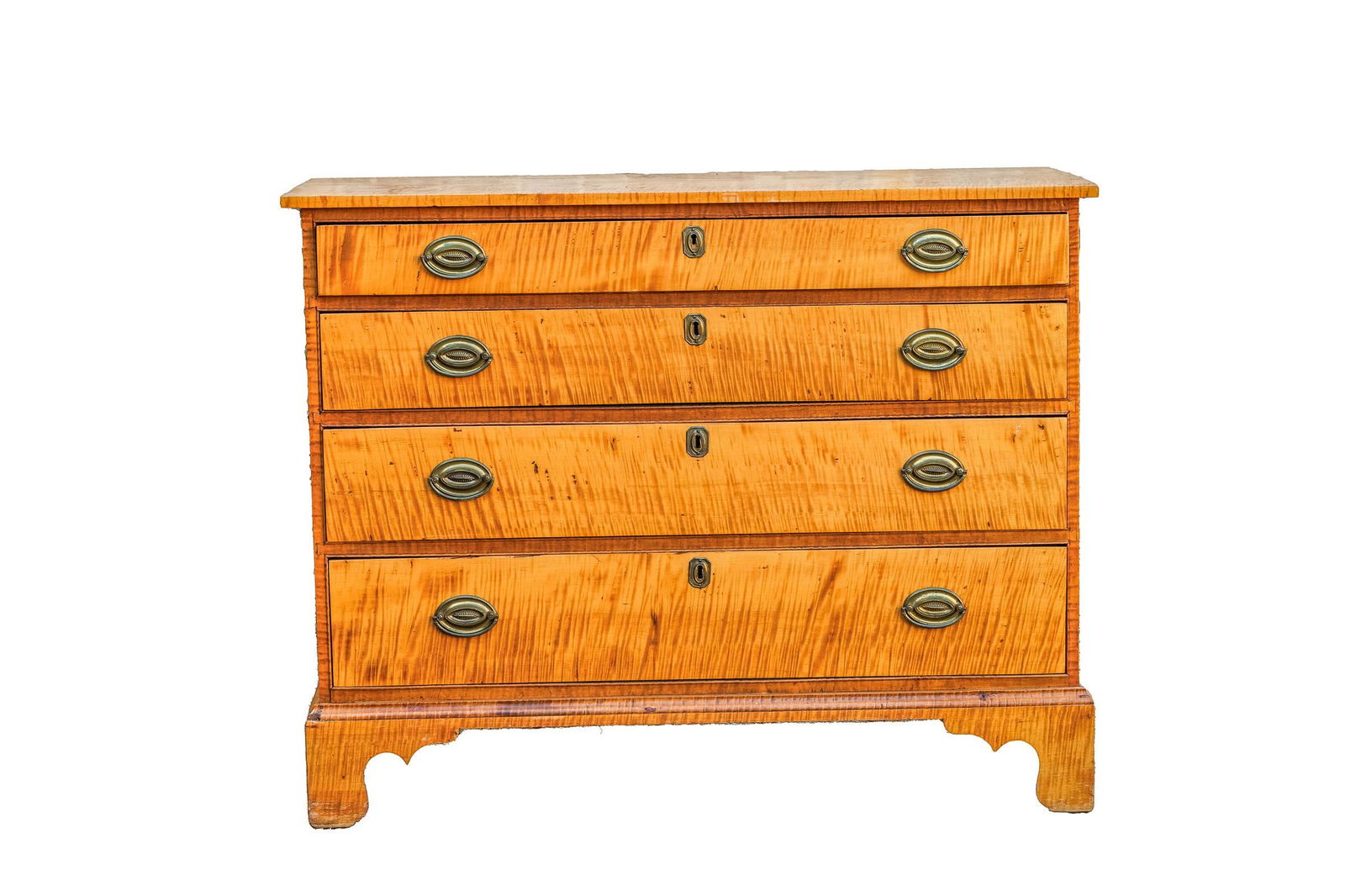 CHIPPENDALE TIGER MAPLE CHEST OF DRAWERS. (1 of 9)