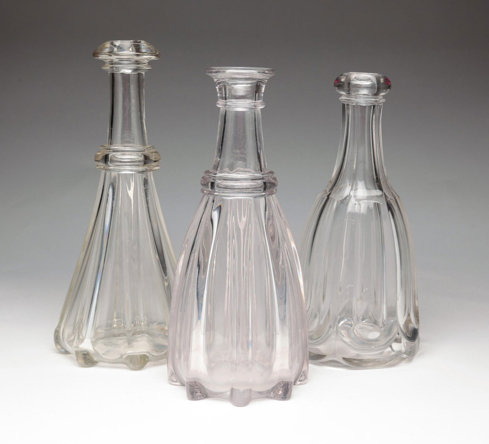 THREE BLOWN PITTSBURGH PILLAR MOLDED BAR BOTTLE / DECANTERS. (1 of 3)