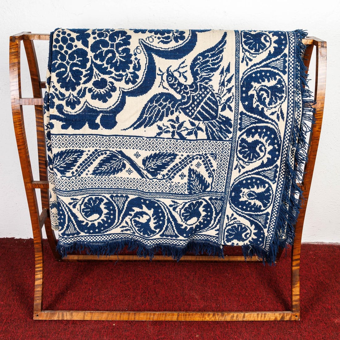 BLUE AND WHITE JACQUARD COVERLET. (1 of 11)