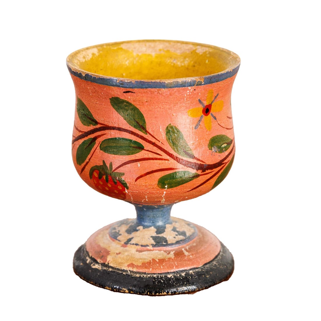 LEHNWARE FOOTED EGG CUP: American, 19th Century. Turned wood decorated with strawberries, leaves, and branches. 2.75"h. 2"d.