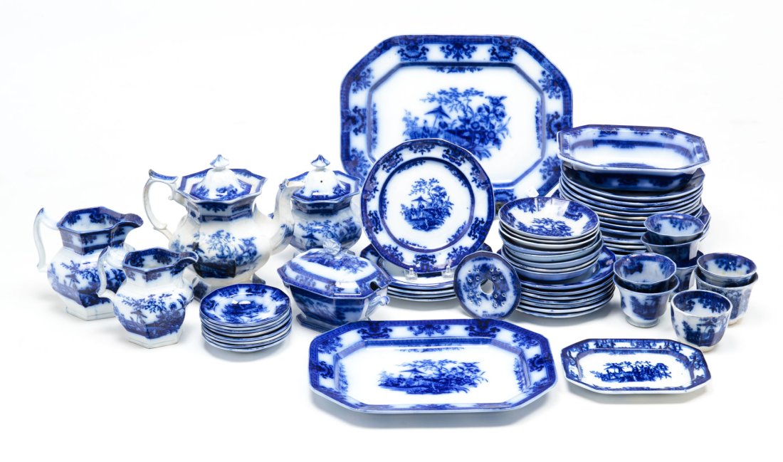 PARTIAL SET OF DAVENPORT FLOW BLUE IRONSTONE. (1 of 8)