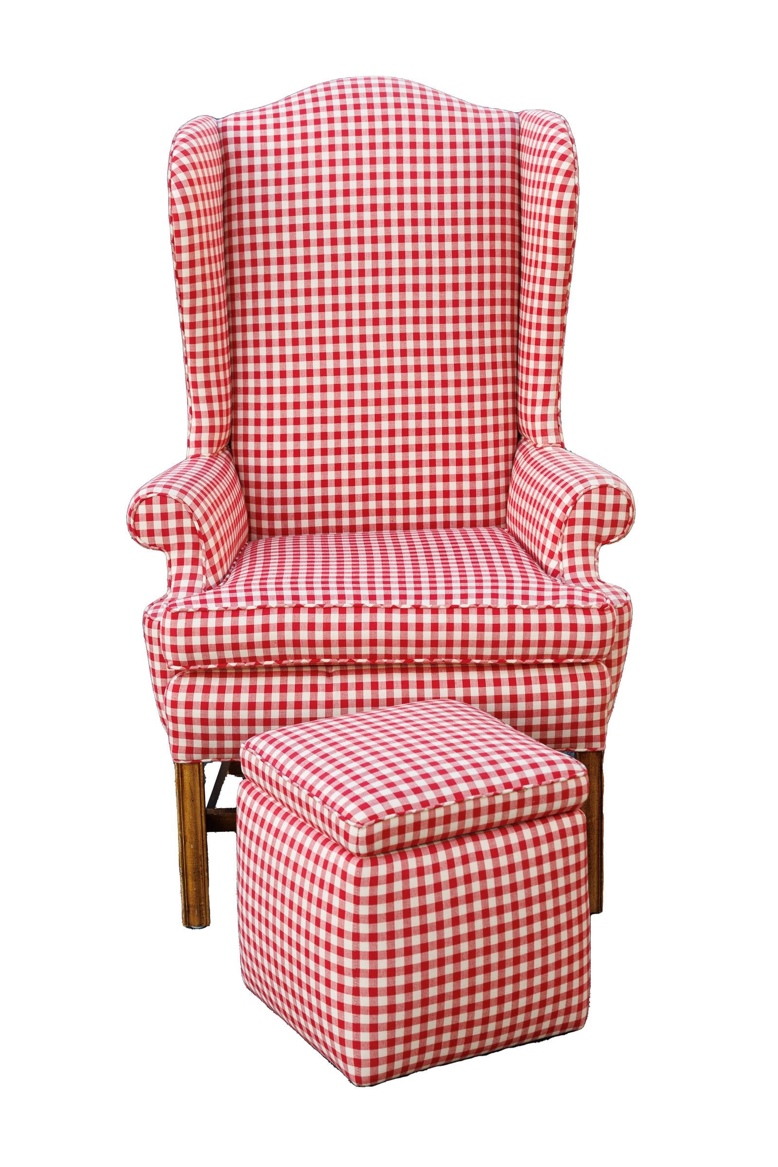 GINGHAM WINGBACK CHAIR AND OTTOMAN.: American, 20th Century.
