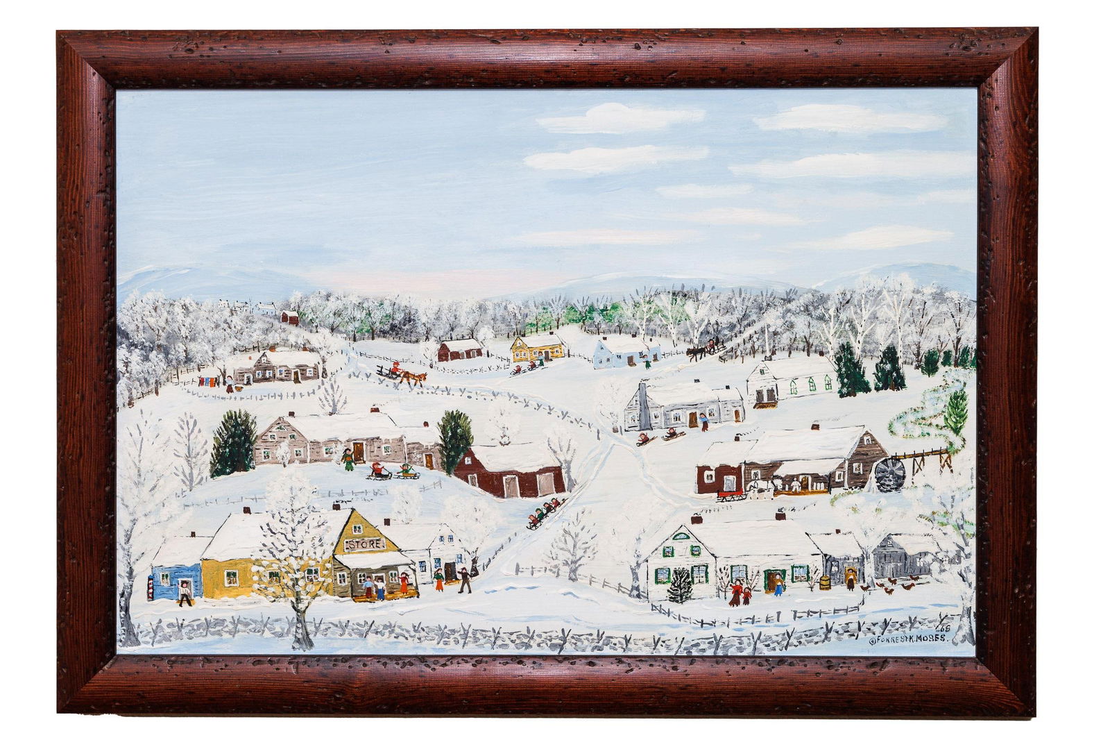PRIMITIVE FOLK ART WINTERSCAPE PAINTING BY FORREST MOSES (1893-1974). (1 of 10)