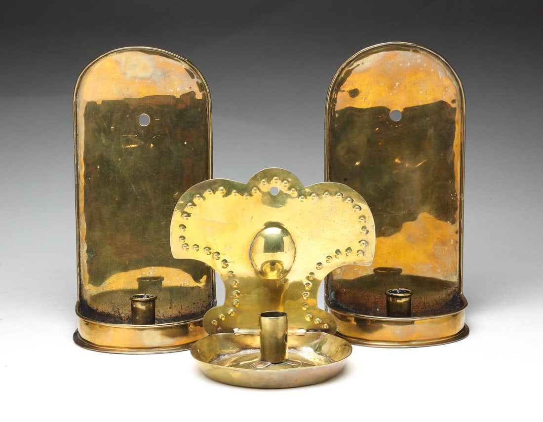 THREE ENGLISH BRASS CANDLE WALL SCONCES. (1 of 4)