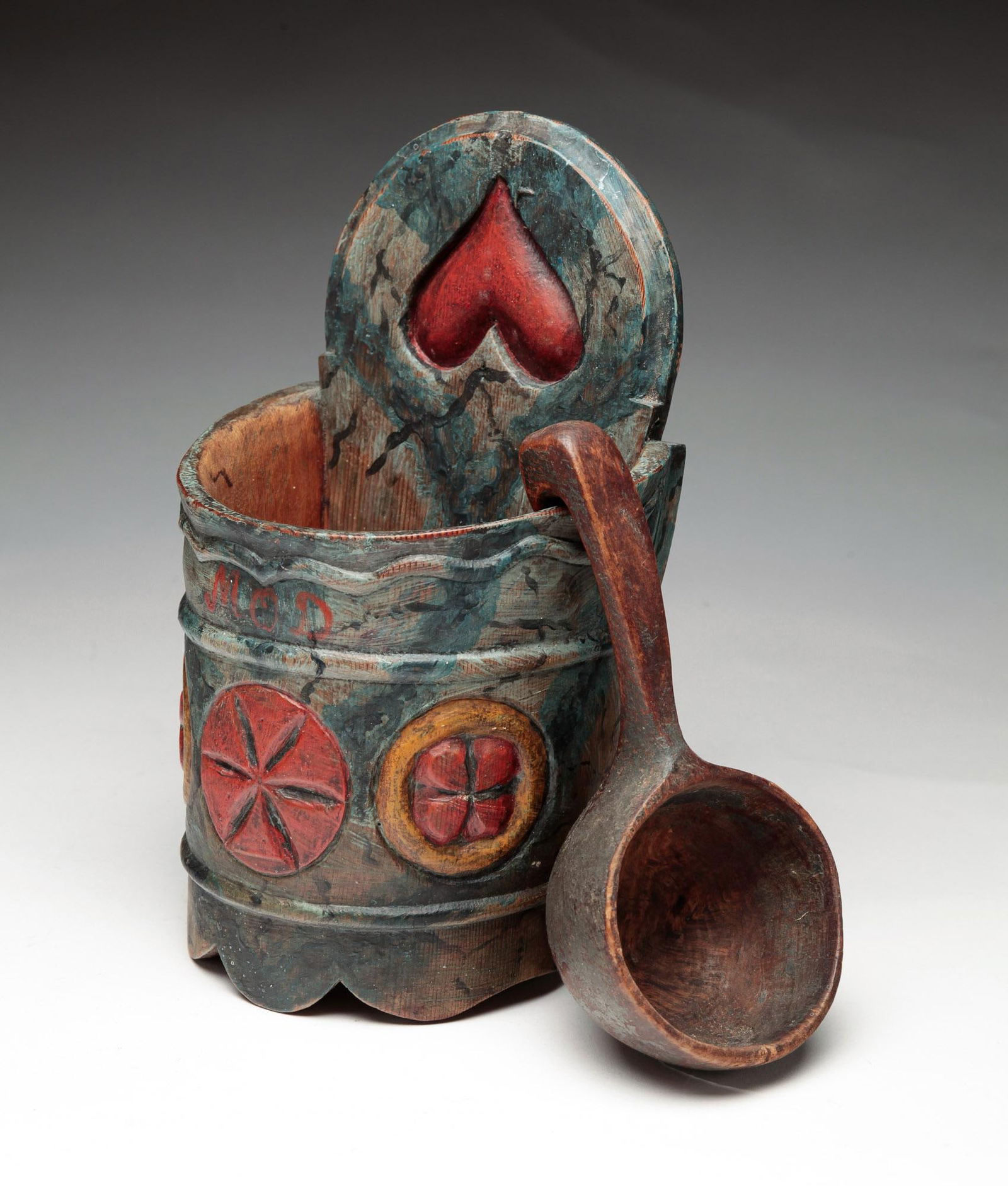 CARVED AND DECORATED WALL POCKET AND LADLE. (1 of 3)