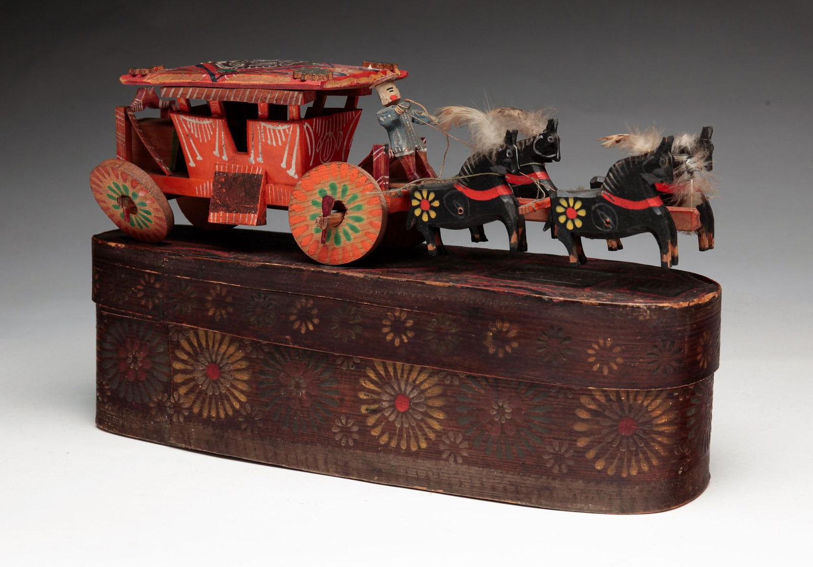 BENTWOOD BOX WITH CARRIAGE TOY.: European, second quarter 19th Century. Pine. Lozenge-shaped box and carriage pulled by four horses with feather headdress. Box and carriage have the same stylized floral decoration. Inside lid in pen