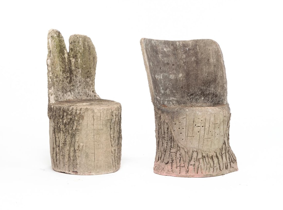 TWO FAUX BOIS CONCRETE GARDEN CHAIRS. (1 of 10)