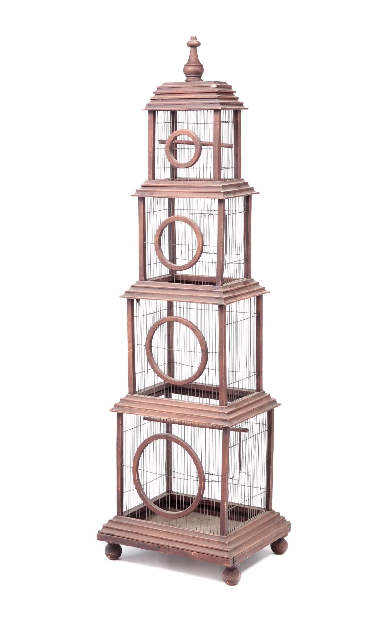 FOUR-TIER BIRDCAGE.: Asian, 20th Century. Pine. Turned finial, stepped moldings, square corner posts, graduated ring decoration, and spherical feet. Distressed painted surface. Some edge loss, age splits, and wear. 67"h.