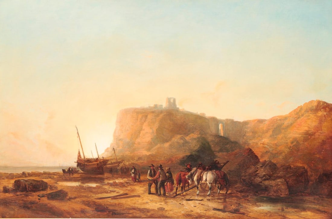 COASTAL SCENE BY RALPH REUBEN STUBBS.: England, 1820-1879. Oil on canvas, signed and dated 1857 lower right. Fishing boats and draft team below a cliff with castle ruins. Restoration including rebacking on canvas. 24"h. 36"w., regilt perio