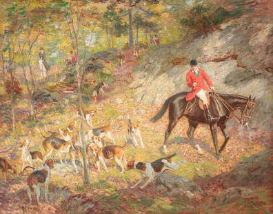 FOX HUNT BY HENRY RANKIN POORE.: American, 1859-1940. Oil on canvas, signed lower left. Hunt master and hounds. Small patch. 30.25"h. 38"w., framed, 37.25"h. 45.25"w.