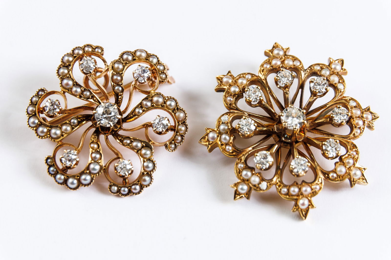 TWO GOLD, DIAMOND AND PEARL BROOCHES. (1 of 8)