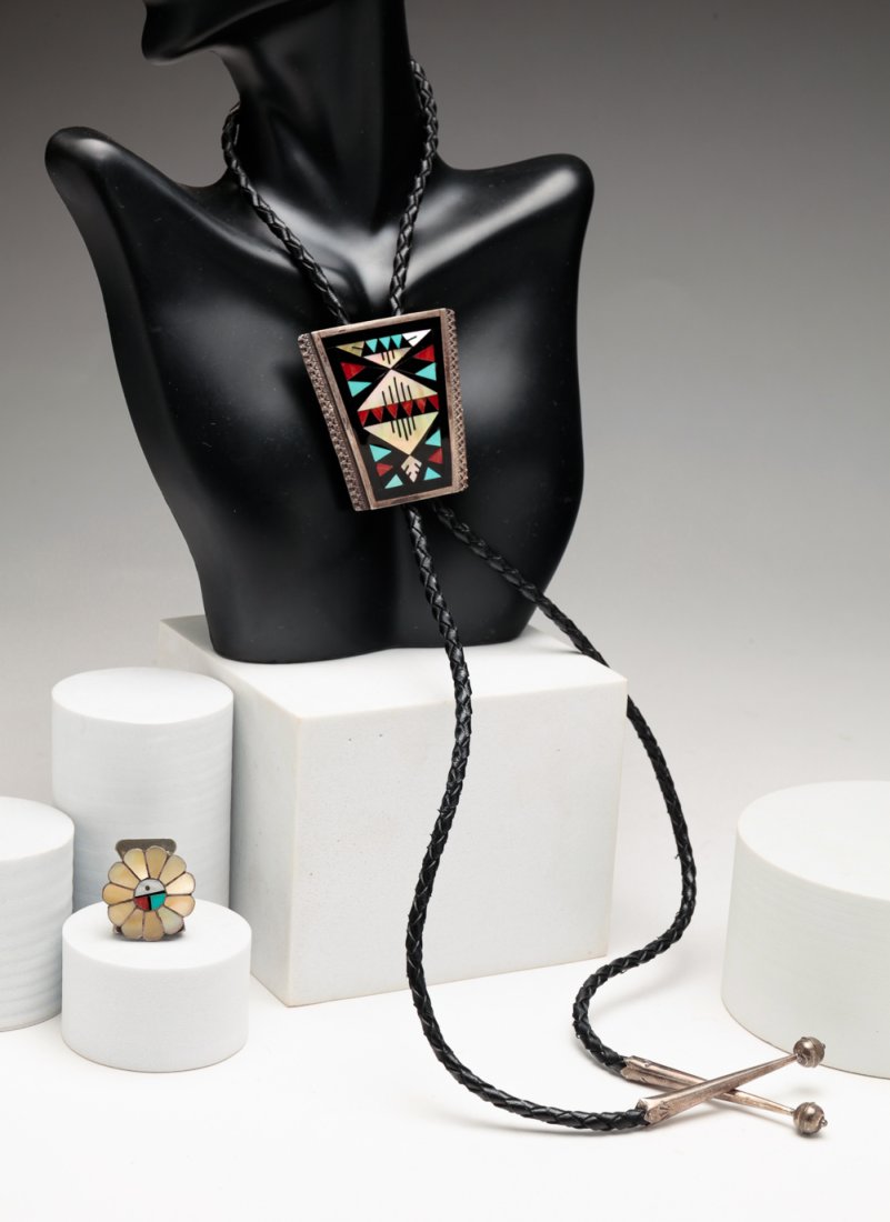 TWO VINTAGE ZUNI INLAID SILVER BOLOS. (1 of 7)