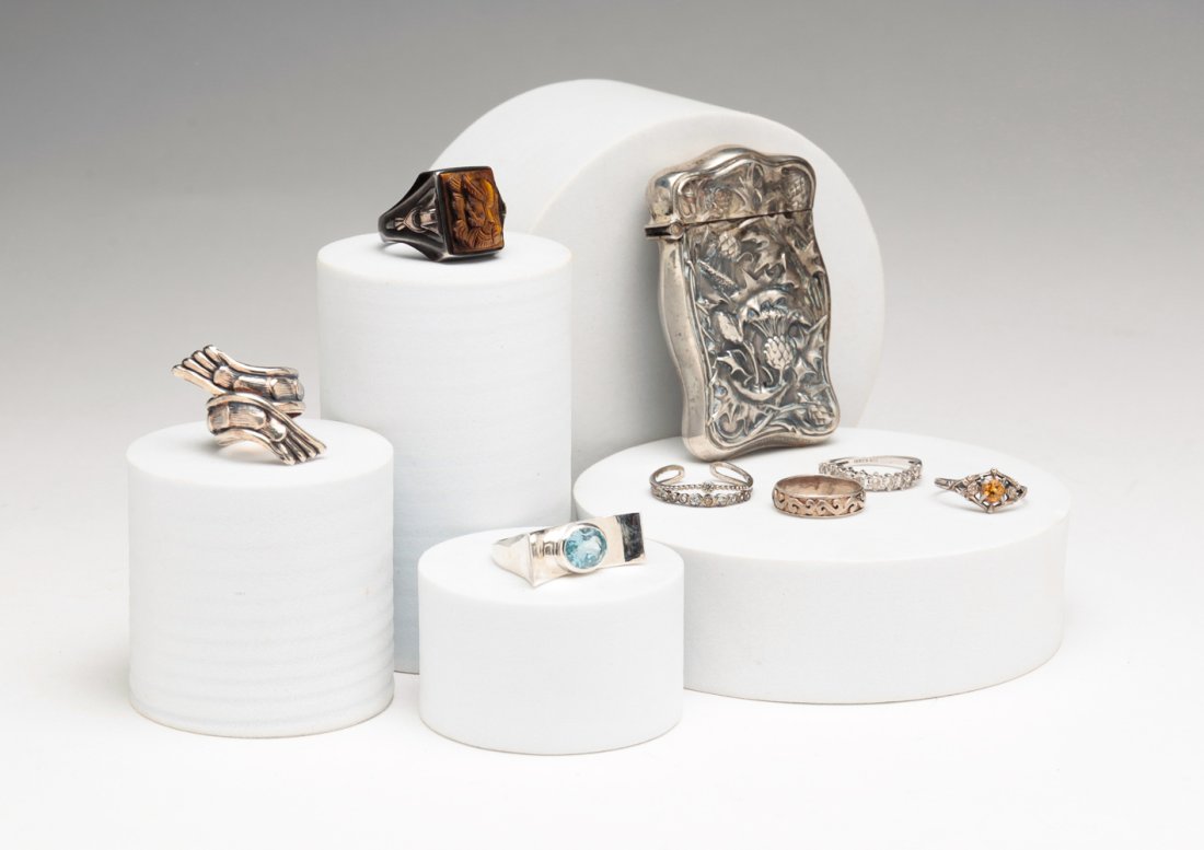 VINTAGE STERLING MATCH SAFE & SEVEN RINGS. (1 of 9)