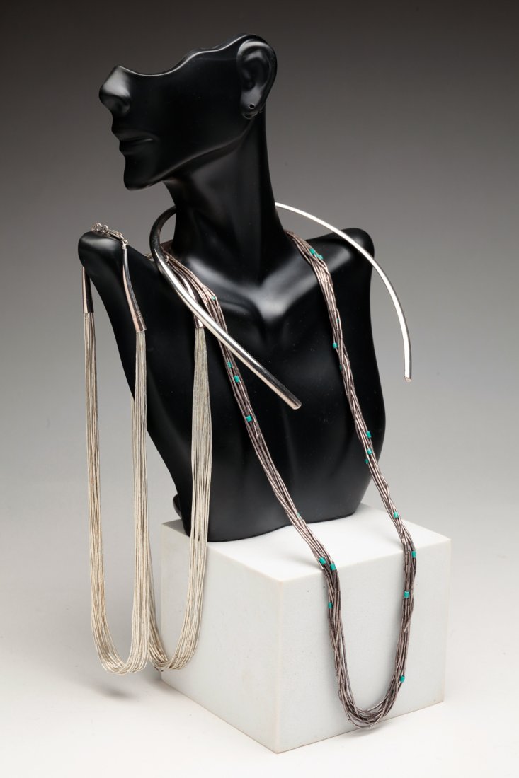 STERLING CHOKER & THREE LIQUID SILVER NECKLACES. (1 of 5)