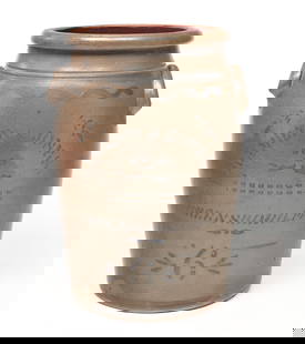 HAND STENCILED AND DECORATED STONEWARE JAR.: American, second half 19th Century. Six gallon jar freehand and stenciled cobalt decoration. Impressed "Hamilton & Jones Greensboro, PA". 17.25"h. 12"d.