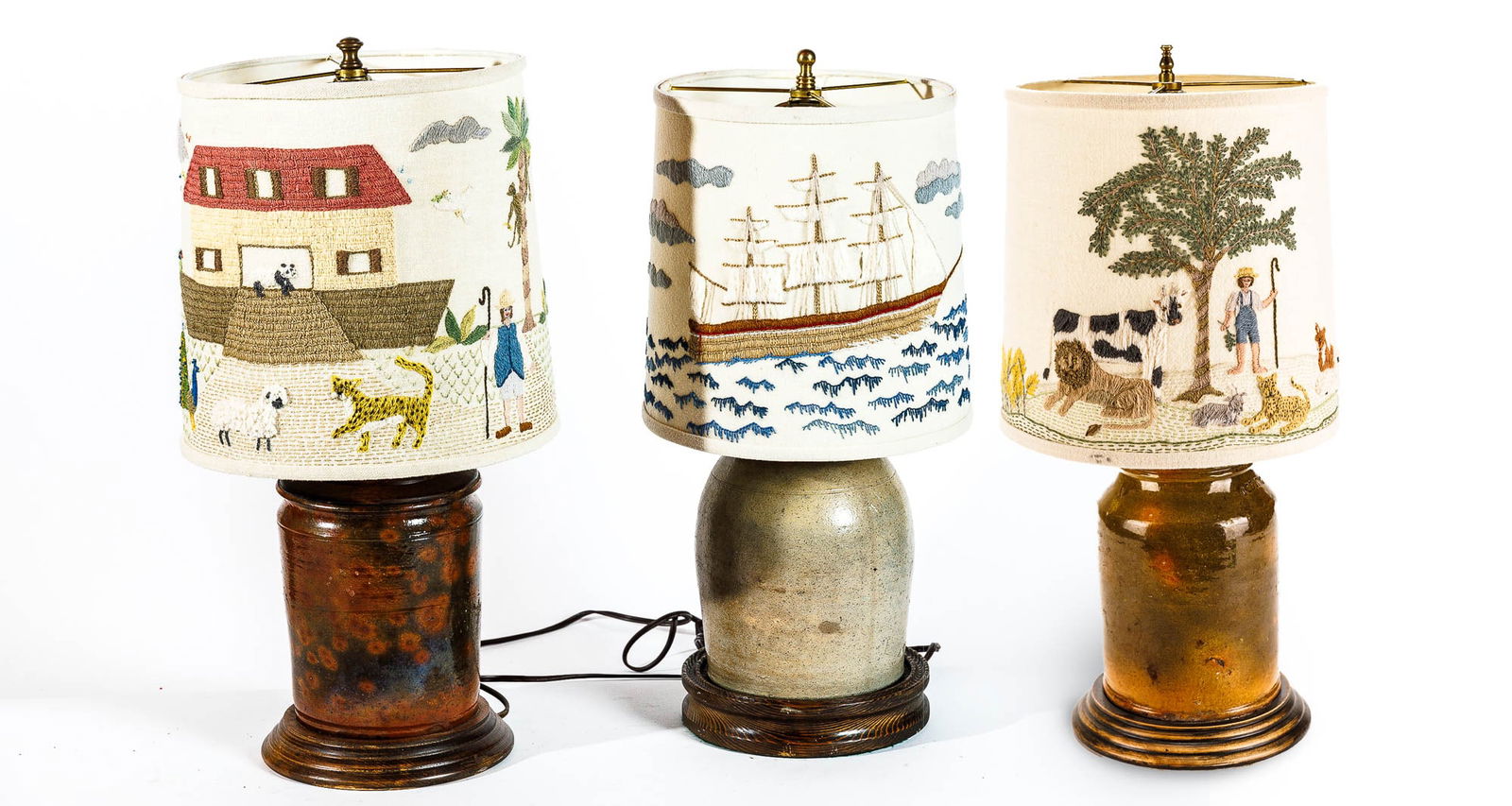 THREE CONTEMPORARY STONEWARE AND REDWARE LAMPS WITH FOLKSY SHADES. (1 of 12)