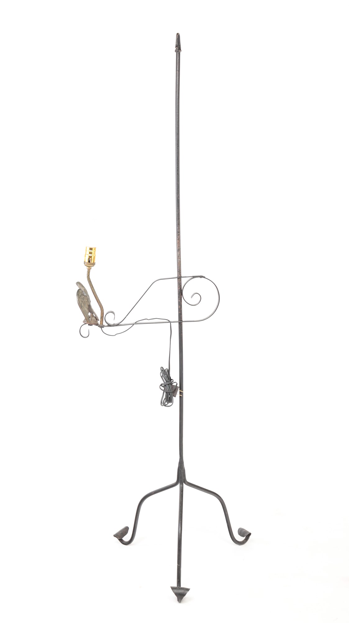 BRIDGE LAMP.: American, mid 20th Century. Standard with high tripod base and curled feet, scrolled arm with brass eagle finial and single socket. Electrified. 63"h.