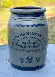 STONEWARE JAR WITH COBALT DECORATION.: American, second half 19th Century. Vertical stripes and stenciled "James Hamilton & Co. Manufacturers, Greensboro, Pa." and "2" (Gallons). 11.5"h.