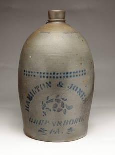 STENCILED STONEWARE JUG.: American, second half 19th Century. In cobalt "Hamilton & Jones, Greensboro, Pa." 11.5"h.