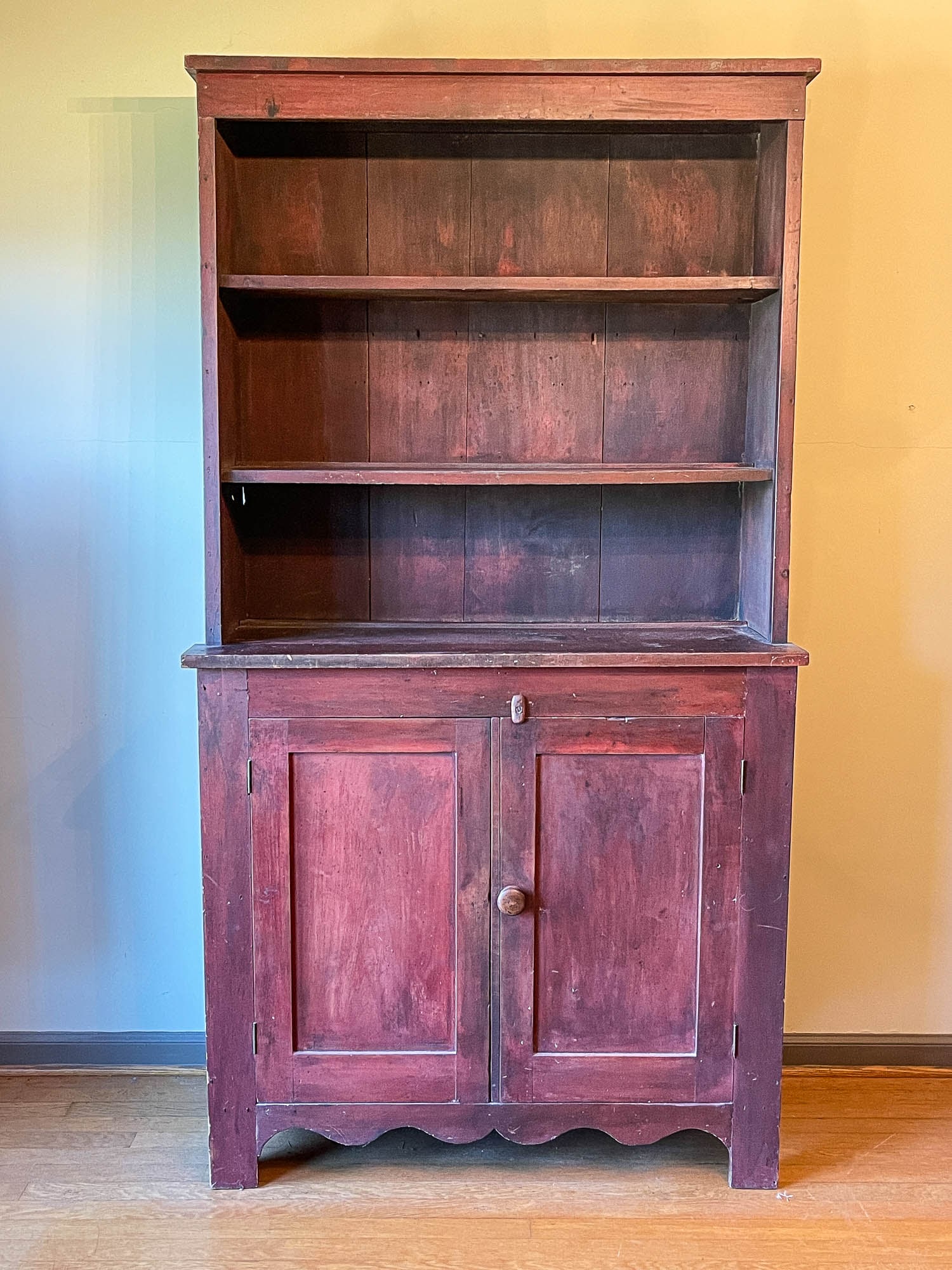 PAINTED OPEN STEPBACK CUPBOARD WITH CANTED FRONT. (1 of 5)