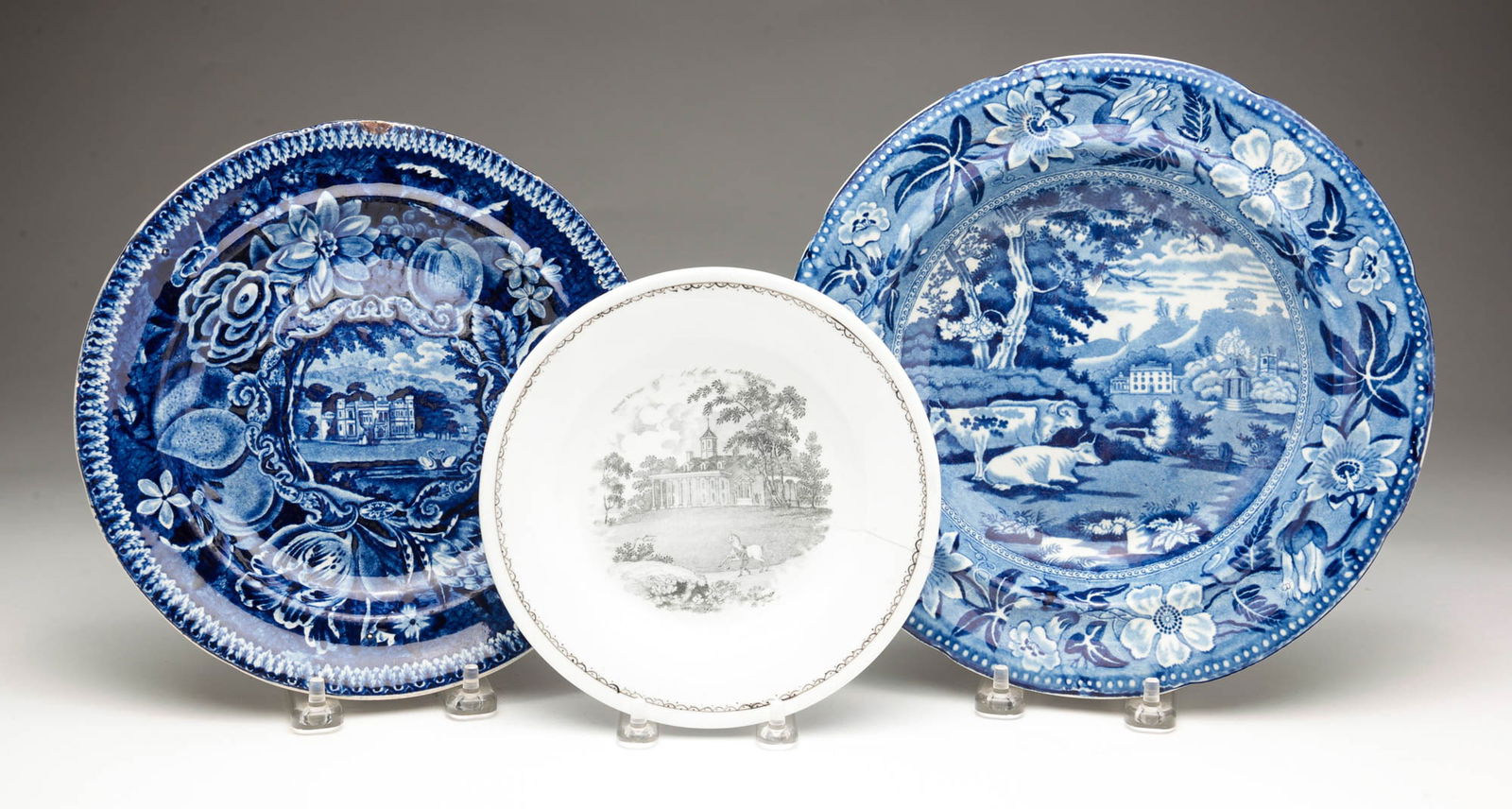 THREE STAFFORDSHIRE TRANSFER PLATE. (1 of 7)