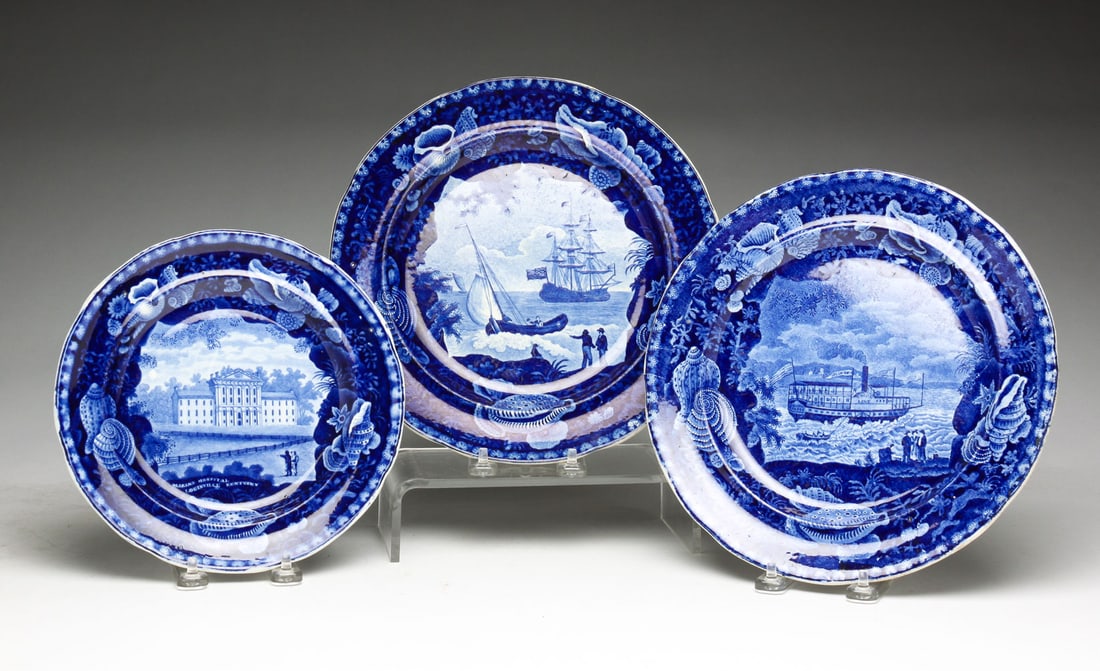 THREE ENGLISH HISTORICAL BLUE STAFFORDSHIRE PLATES. (1 of 7)