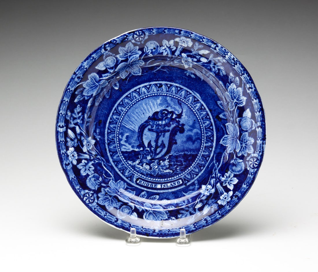 HISTORICAL BLUE STAFFORDSHIRE RHODE ISLAND PLATE. (1 of 4)