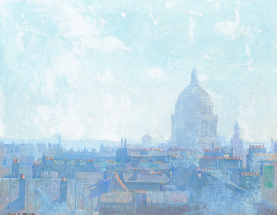 ST. PAUL CATHEDRAL BY JAMES ROY HOPKINS.: American (Ohio), 1877-1969. Oil on canvas, signed lower left. Atmospheric cityscape of London roof tops with cathedral in the background. 26"h. 32"w., framed, 36.75"h. 42.5"w.