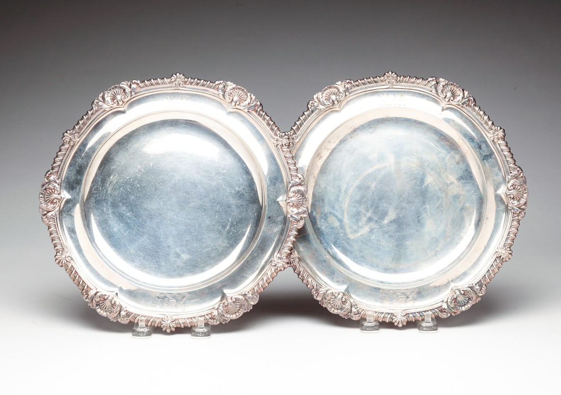 PAIR OF ENGLISH SILVER PLATES BY PAUL STORR. (1 of 4)