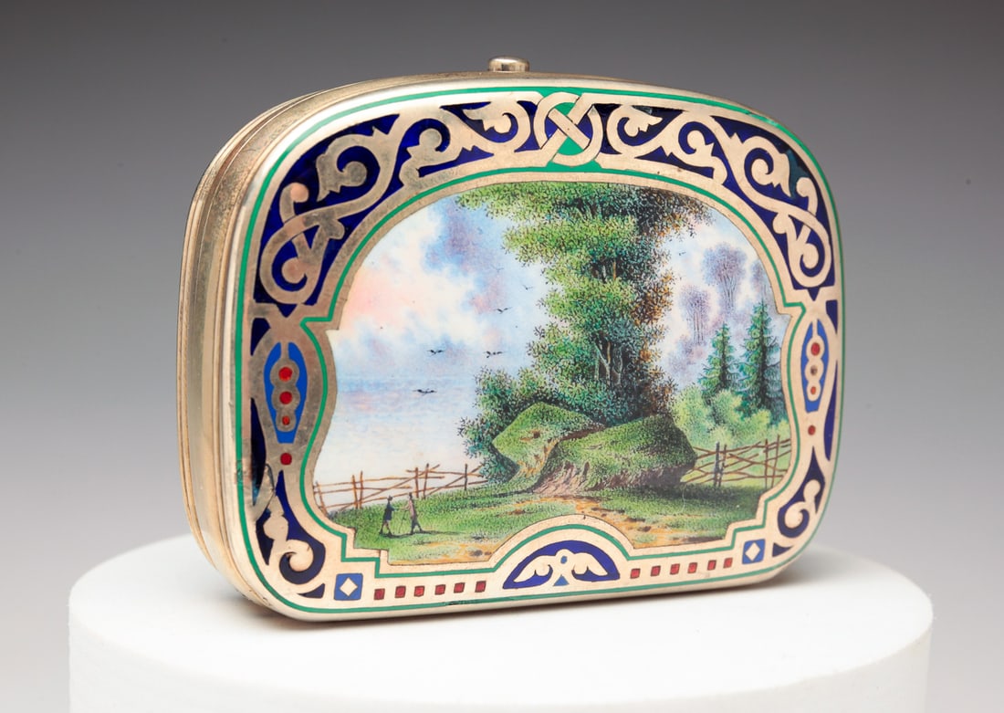 RUSSIAN SILVER ENAMEL BOX BY PAVEL AKIMOV OVCHINNIKOV (1830-1888). (1 of 6)