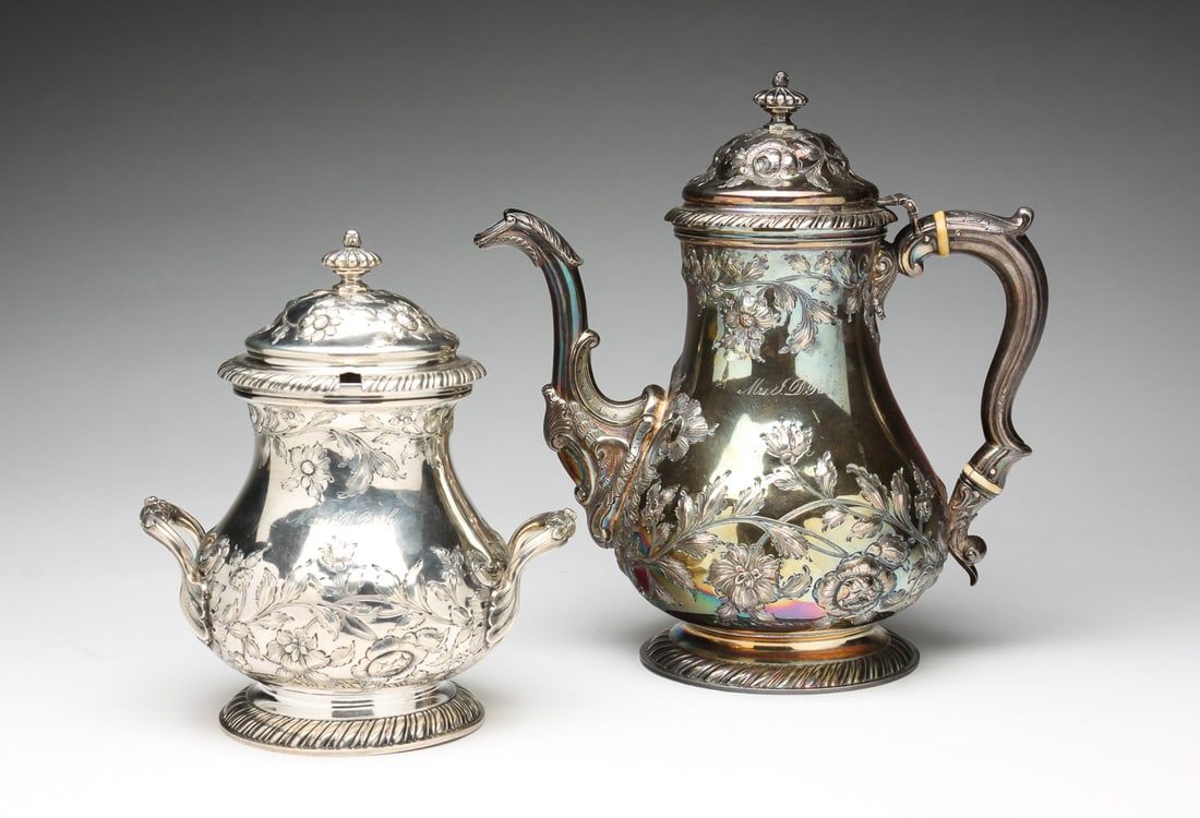 "E & D KINSEY" COIN SILVER COFFEE POT AND SUGAR. (1 of 9)