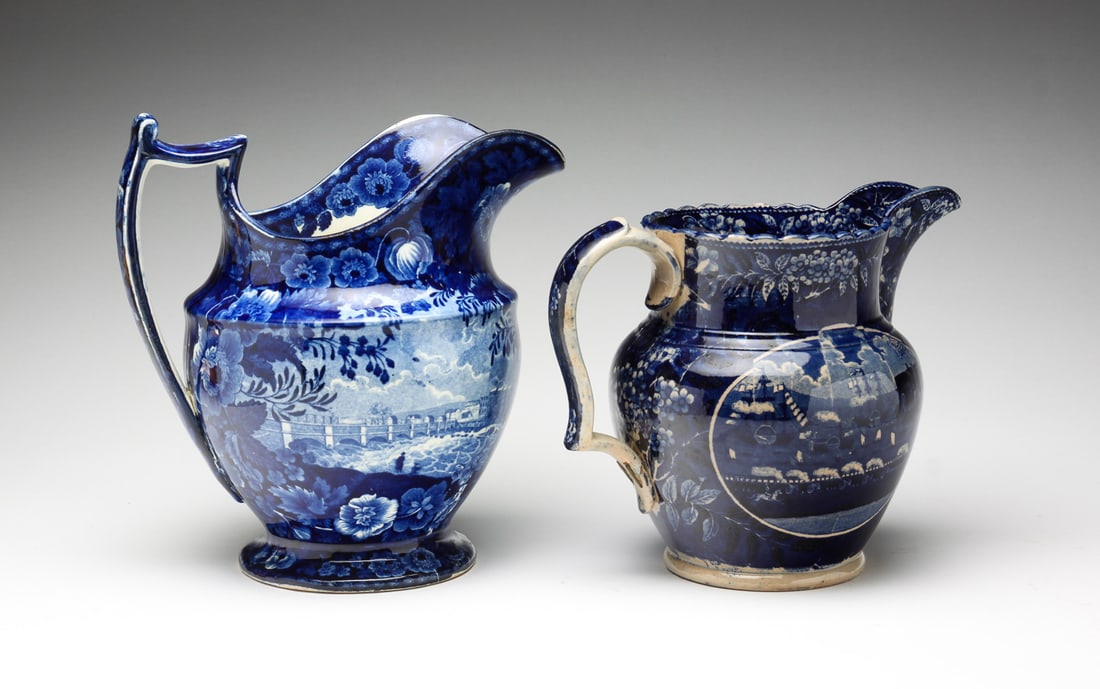 TWO HISTORICAL BLUE STAFFORDSHIRE PITCHERS. (1 of 7)