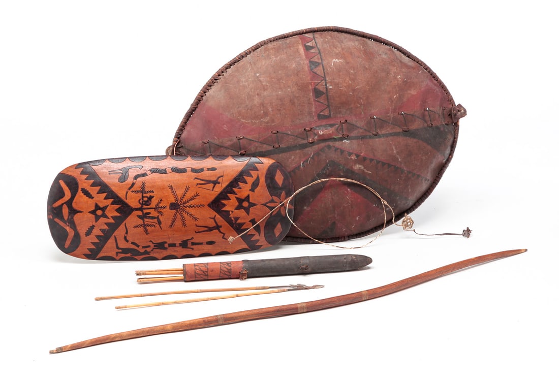 TWO SHIELDS, BOW AND QUIVER OF ARROWS. (1 of 8)