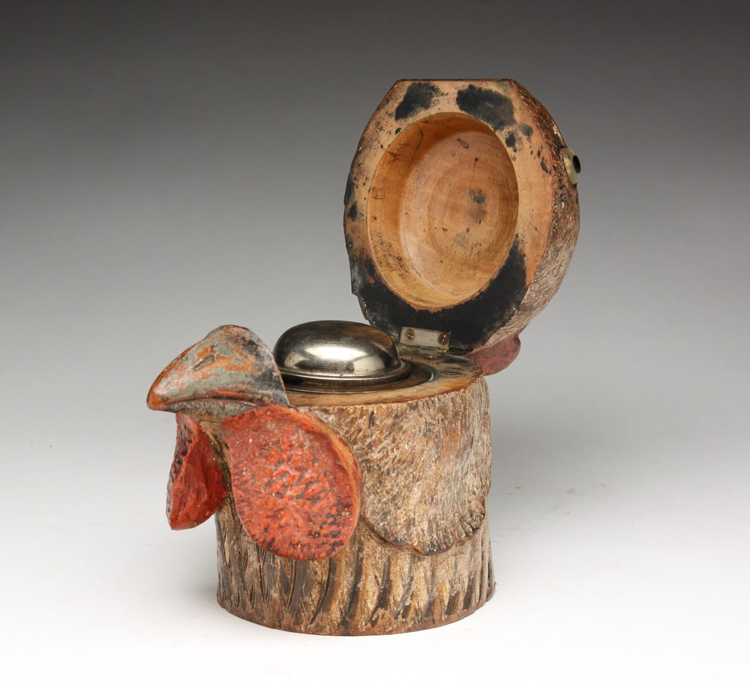 ENGLISH CARVED ROOSTER HEAD INKWELL. (1 of 5)