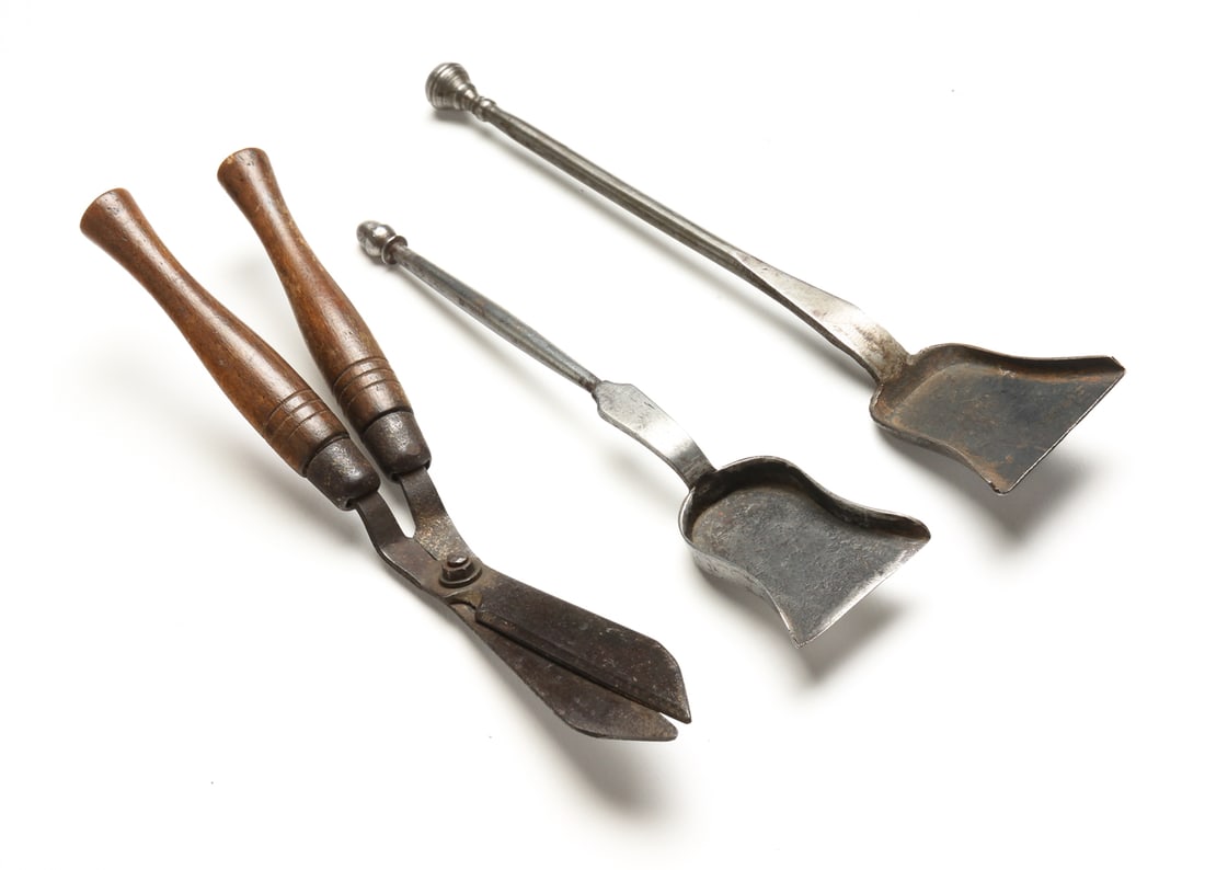 TWO SUGAR SHOVELS AND MINIATURE SHEARS. (1 of 2)