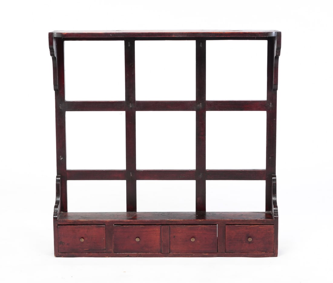 ENGLISH HANGING HERB DRYING RACK.: First half 19th Century, pine. Dovetailed frame and three lower drawers, bracketed ends, slat back with square openings and seven "L" shaped hooks, one missing. Original reddish brown worn and alligat