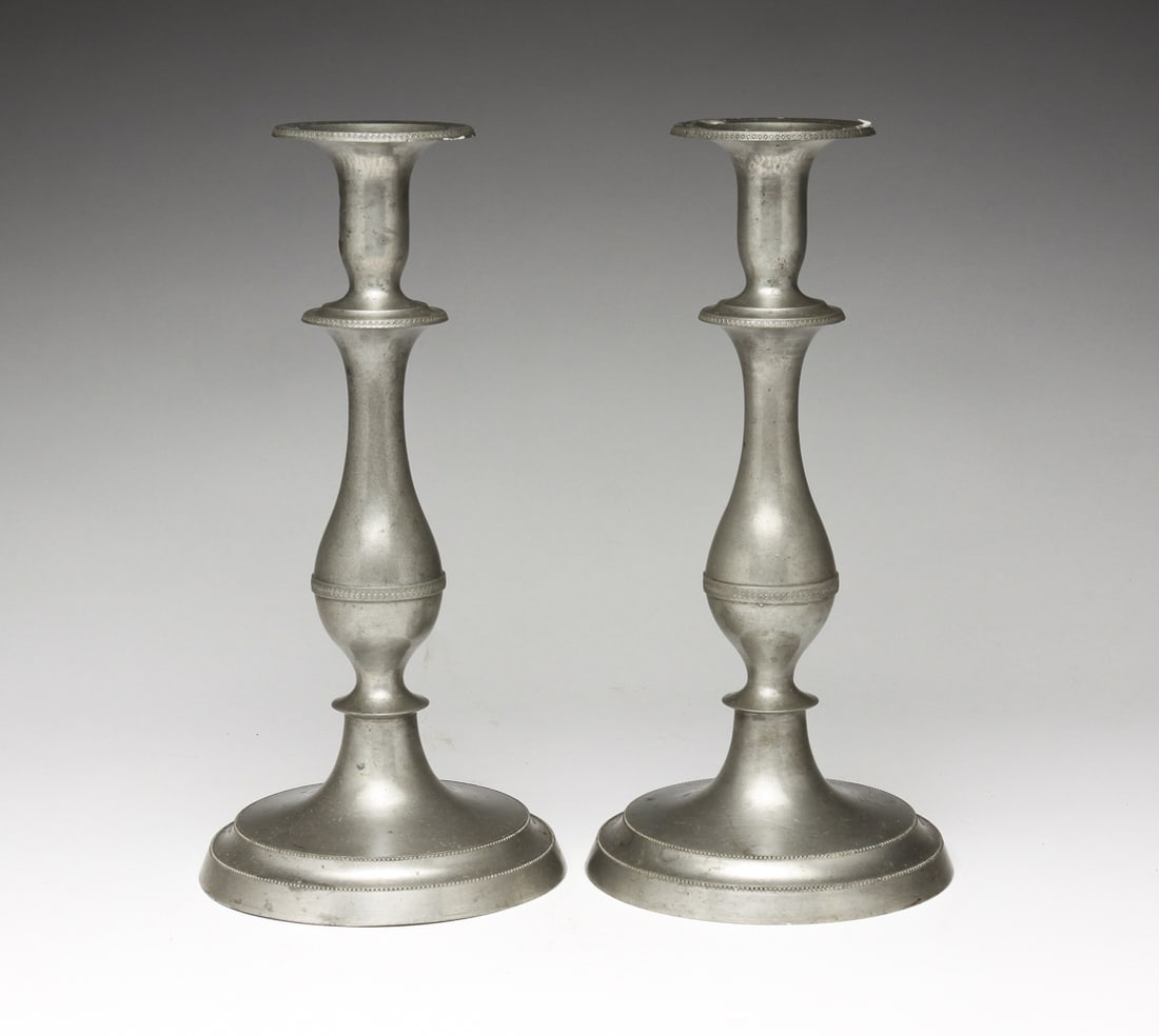 PAIR OF OHIO PEWTER CANDLESTICKS. (1 of 4)