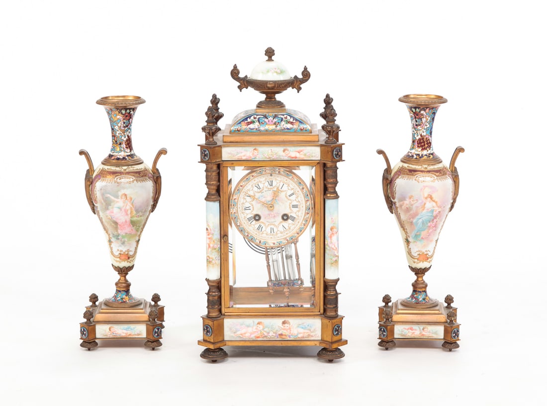 CINCINNATI DUHME JEWELRY CO. CLOCK AND GARNITURE.: American (Ohio), early 20th Century. Gilded brass, floral enamel highlights and scenic porcelain inserts signed "Collot". Brass works marked made in France and "Medaille D' Argent 1899, Marti et Cie".