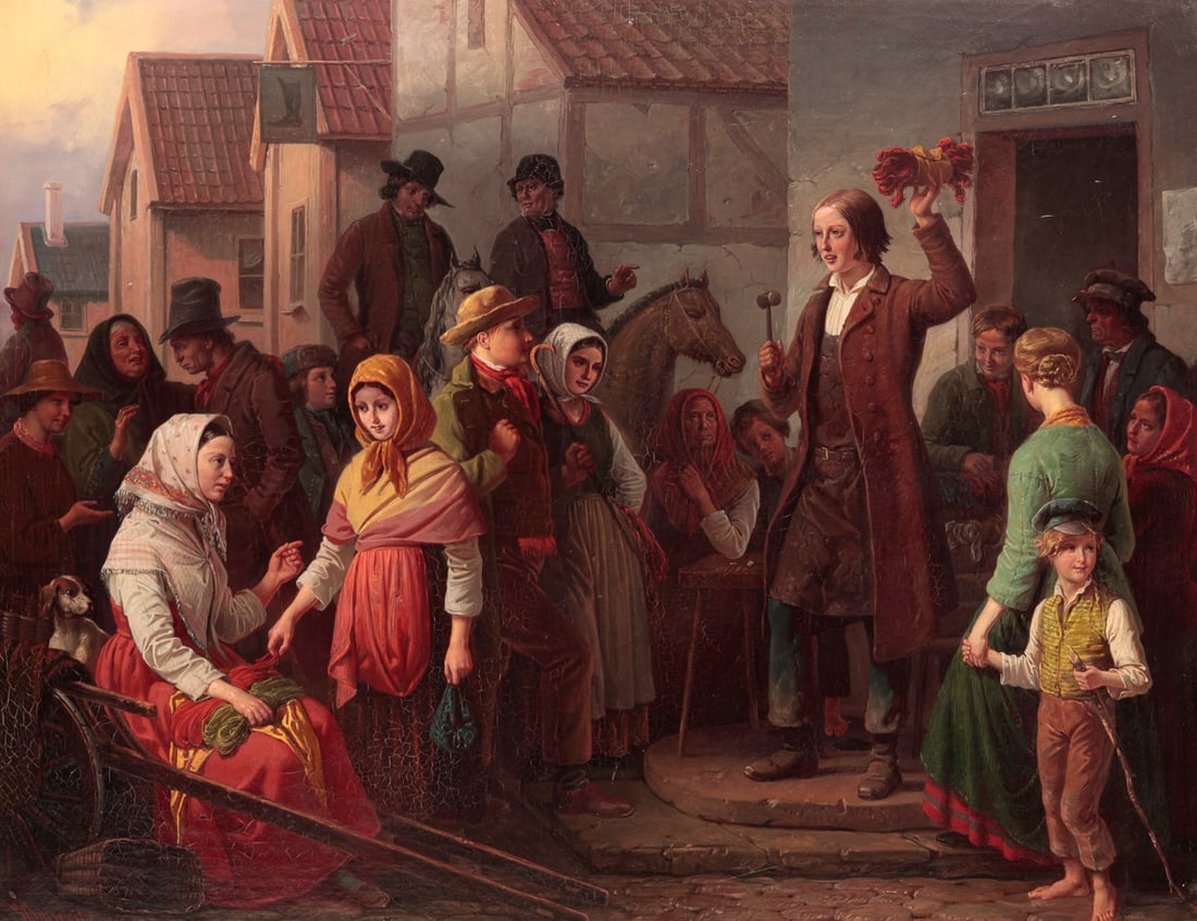 AUCTION SCENE BY GUSTAF BRUSEWITZ (1812-1899). (1 of 7)