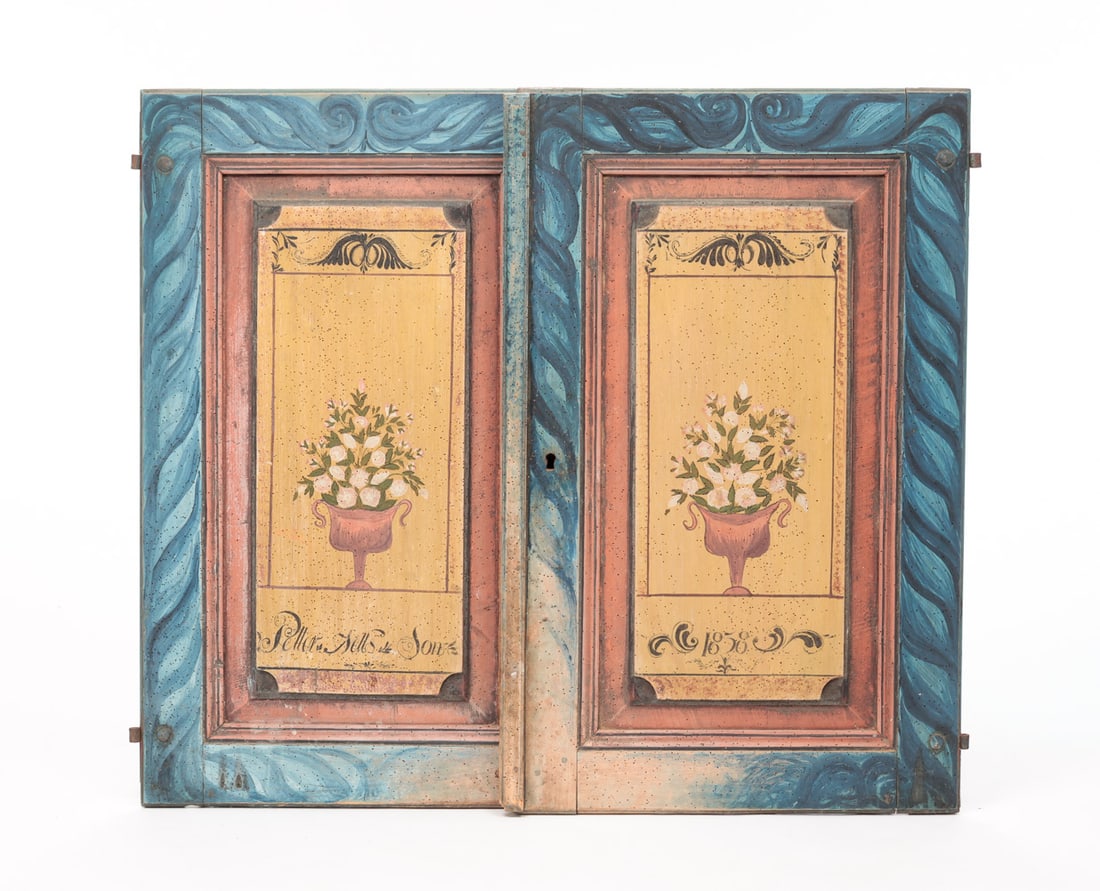 PAIR OF SWEDISH DECORATED CUPBOARD DOORS. (1 of 7)