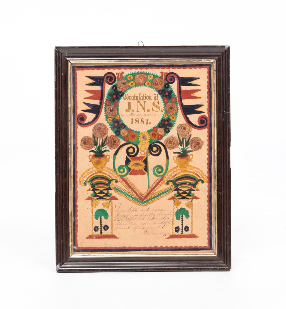 SCANDINAVIAN FRAKTUR.: Scandanavia. Gouache and ink on paper. Congratulatory record for "JNS 1881" with wreath and columns. Toning and some fly specks. Framed, 14.5"h. 11.25"w.