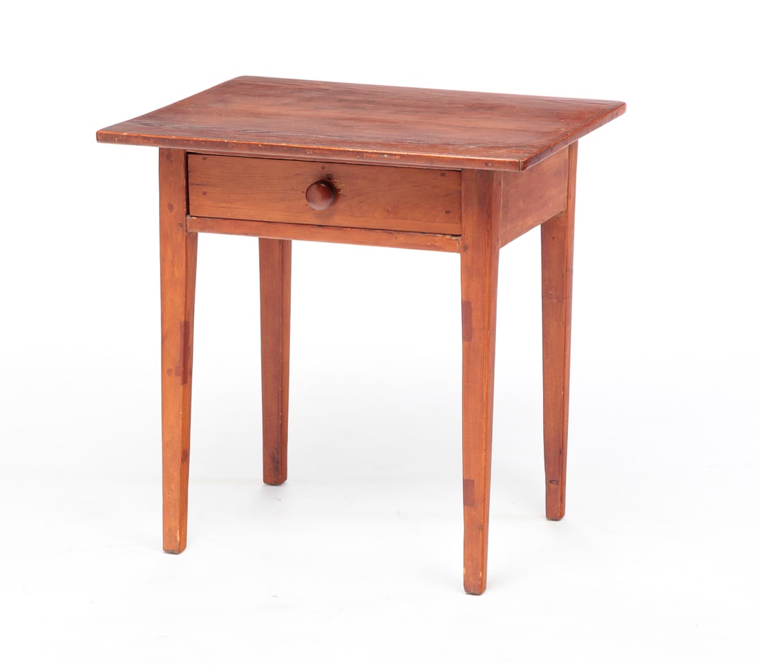 HEPPLEWHITE STAND.: American, first quarter 19th Century. Pine. Top with applied edge, dovetailed drawer and tapered legs. Refinished 28.75"h. 27"w. 21.75"d.
